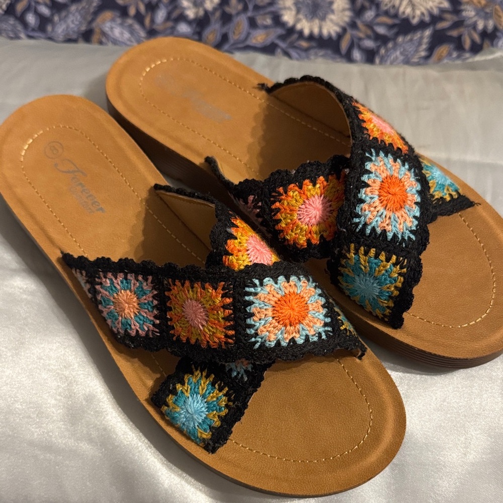 Women's Crochet Slide Sandals - Black and Multicolor